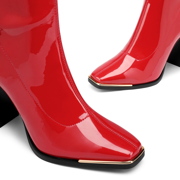 Chunky Square Toe Mid Calf Boots - RED PU - 4